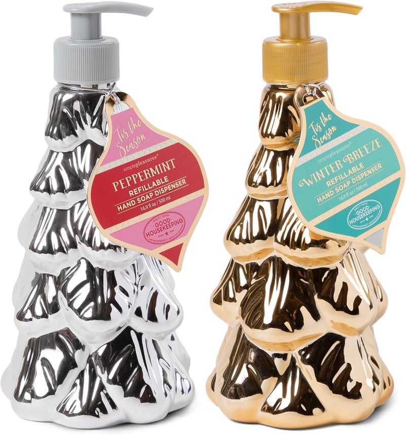 simple pleasures Metallic Christmas Tree Set of 2 Holiday Soap Dispenser with Scented Liquid Soap - Decorative Hand Pump Refillable Soap Dispensers for Kitchen and Bathroom Sinks - Image 1